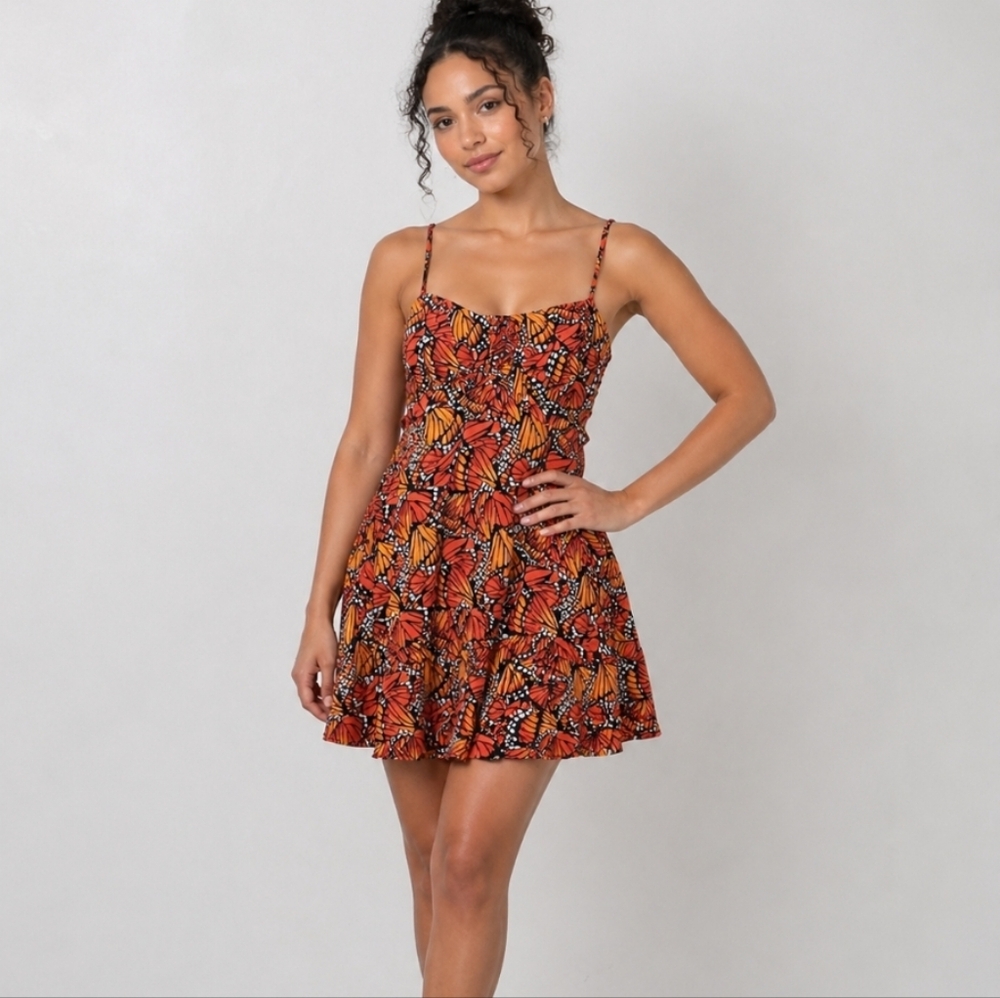 Butterfly Wing Print Smocked Back Spaghetti Strap Ruffle Detail Empire Waist L